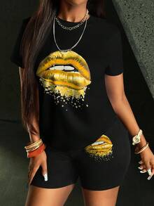 Rovax Women's Summer Casual 2pcs/Set Gold Lips Print Round Neck Short Sleeve T-Shirt And Shorts - Black - View 3