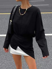 DAZY 女式纯色圆领长袖不对称下摆时尚衬衫，秋季女装 - 黑色 - 查看 3