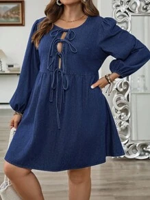 SHEIN CURVE+ 大码女式秋季深牛仔蓝领带蝴蝶结女式灯笼袖大码牛仔连衣裙，秋季女装，女式商务休闲装，娃娃裙，返校装 - 中等水洗藍 - 查看 6
