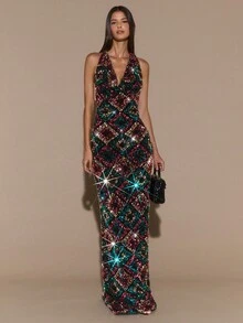 SHEIN BAE 纯黑色性感低胸露背优雅亮片连衣裙、小黑裙、鸡尾酒会、亮片黑色连衣裙、露背连衣裙、派对、万圣节、优雅连衣裙 - 黑色 - 查看 1