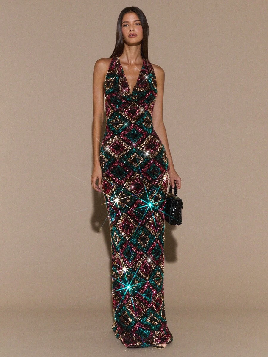 SHEIN BAE 纯黑色性感低胸露背优雅亮片连衣裙、小黑裙、鸡尾酒会、亮片黑色连衣裙、露背连衣裙、派对、万圣节、优雅连衣裙 - 黑色 - 查看 1