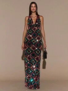 SHEIN BAE 纯黑色性感低胸露背优雅亮片连衣裙、小黑裙、鸡尾酒会、亮片黑色连衣裙、露背连衣裙、派对、万圣节、优雅连衣裙 - 黑色 - 查看 3