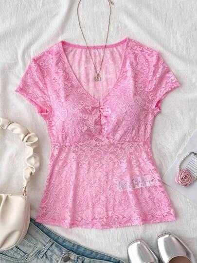 SHEIN TEENGIRL Cute & Sweet Pink V-Neck Semi-Sheer Lace Blouse, Elegant Short Sleeve Lace Top, Academic Style Pink Lace Top Lace Babydoll Top Pink Babydoll Top Girls Lace Top Sheer Lace Top Sheer Pink Top Pink Baby Doll Top Summer Knit Baby Doll Top Teen Girl Babydoll Top Girls Sheer Lace Top