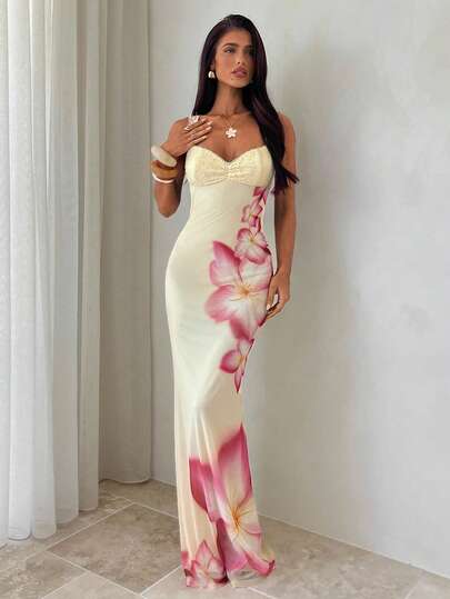 Aloruh Women's Wedding Guest Dress Date Night Dress Flowy Dress Sexy Vacation Backless Mesh Knitted Butter Yellow Dress Bodycon Dress Floral Print Contrast Lace Slim Fit Elegant Maxi Dress, Butter Yellow