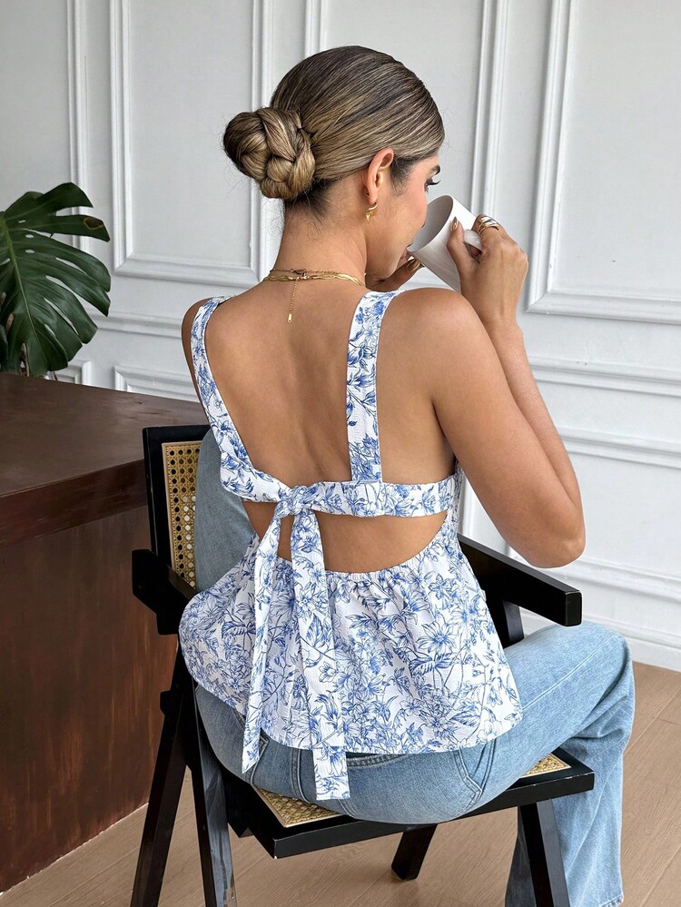 Serisse Áo hai dây hở lưng in họa tiết hoa, viền khoét rỗng, có dây buộc cho nữ - Màu xanh lam - Xem 1
