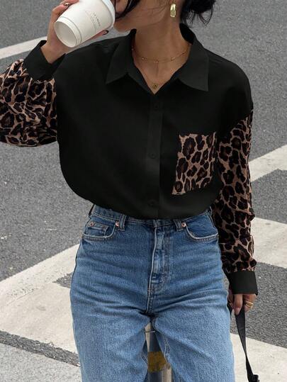 Siren Gaze Damen Leopard Muster Patchwork Langarm Lässig Bluse, minimalistischer Retro-Stil Damen Bluse, Street-Style Damen Bluse, Leopard Muster Bluse