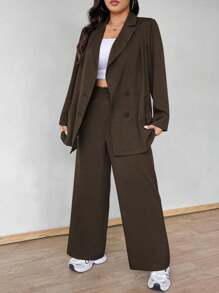 Vionelle Plus Size Women Solid Color Lapel NeckLong Sleeve Double-Breasted Jacket And Pants Casual Suit Set Fall Cloth For Women Autumn