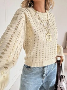 Siren Gaze كنزة صوفية بأكمام طويلة وياقة طاقم مزينة بالترتر للنساء - لون مشمشي - مشاهدة 5