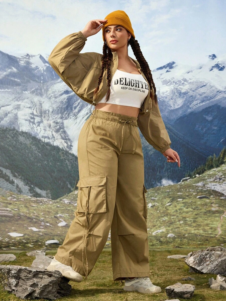 SHEIN Unity بنطلون كاجوال خارجي مقاس كبير للنساء، بنطلون خارجي للتنزه وحماية من الشمس خفيف الوزن وسريع الجفاف، بنطلون جينز كاركو للنساء - كاكي - مشاهدة 1