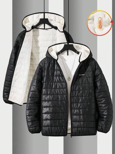 SHEIN Abrigo acolchado con capucha de unicolor cómodo y casual para adolescentes, abrigo de invierno, abrigo acolchado