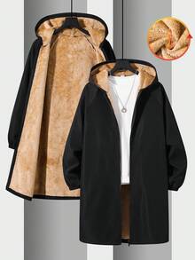 SHEIN Teens Boys' Casual Comfortable Versatile Thermal Lined Hooded Long Jacket Suitable For Christmas, Home, Commute, School, Daily Casual, Travel, Outdoor Party, Sports, Fall Autumn And Winter Clothes Boys Long Coats Winter Coat Boys Long Black Coat Hooded Coat For Boys Plush Coat - Black - View 1