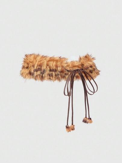 J-Fashion 1pc Women's Leopard Print Fuzzy Decor Western Boho Fringe Waist Tie Dress/Jeans Accessory, Versatile For Daily Wear