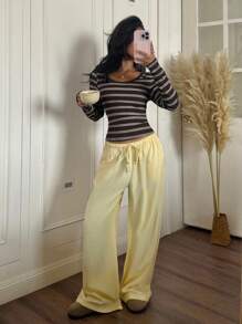 SHEIN EZwear 女式条纹休闲圆领长袖修身T恤 - 棕色 - 查看 6