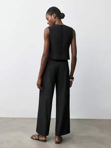 Maija 2 件女式不对称翻领无袖西装外套和阔腿裤套装 - 黑色 - 查看 6