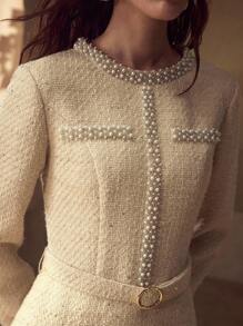 MOTF STUDIO PATCHWORK 2 IN 1 LUXURIOUS ELEGANT RUFFLE PEARL DECOR WOMEN DRESS - Apricot - View 1