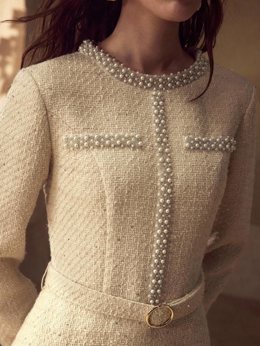 MOTF STUDIO PATCHWORK 2 IN 1 LUXURIOUS ELEGANT RUFFLE PEARL DECOR WOMEN DRESS - Apricot - View 1