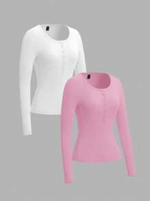 SHEIN EZwear 2件組女款針織長袖T恤，粉色與白色，適合秋冬季節上衣 - 彩色 - 查看 3