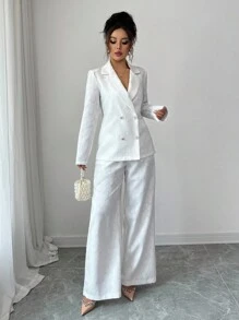 SHEIN Tall 女士优雅通勤白色提花面料缺口领双排扣装饰西装外套，长袖修身夹克+女士优雅通勤白色提花面料松紧腰长直筒裤 - 白色 - 查看 4
