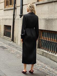 Elyressa 法式优雅派对缎面压花开襟秋季女士黑色长袖连衣裙 - 黑色 - 查看 2