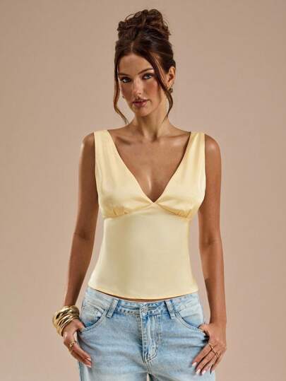 SHEIN x Tata & Beatriz SHEIN BAE Yellow Satin V-Neck Tie Back Tank Top , Suitable For Vacation, Beach , Music Festival , Brunch , Wedding Guest Attire, Bridesmaid , Spring Summer