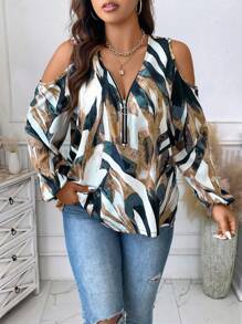 SHEIN Unity 大码女式全身印花露肩灯笼袖拉链半开襟时尚衬衫