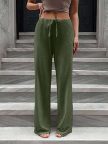 EURMUSE ELASTICAL WAIST DRAWSTRING STRAIGHT LEG PANT - Army Green - View 5