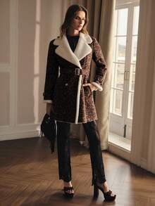 MOTF PREMIUM LEOPARD PRINT CONTRAST TEDDY PANEL BELTED FAUX FUR COAT - Multicolor - View 7