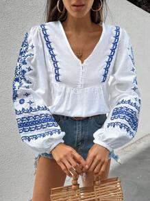 SHEIN Cottnline Blouse With Flower Embroidery, Lantern Sleeves, Boho Style - White - View 3