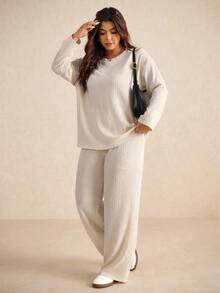 Elaquor 2pcs Plus Size Solid Color Drop Shoulder Long Sleeve Casual Loose Textured Fabric Top And Pants Set - Apricot - View 4