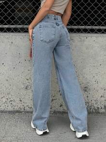 EURMUSE 100%Cotton Petite Low Waist Wide Leg Jeans - Light Wash - View 2