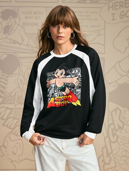Astro Boy X SHEIN Sweat-shirt-shirt décontracté de tous les jours pour femmes avec manches raglan, motif de dessin animé en couleur contrastée