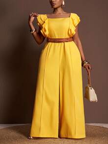 Veslaya 2025 新款女士曲线紧身连衣裤方领荷叶袖褶皱上衣高腰阔腿裤优雅裤套装 - 黃色 - 查看 6