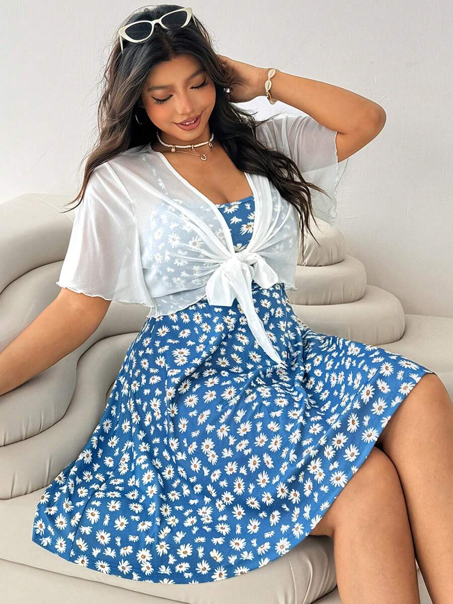 SHEIN EZwear 2pcs/Set Plus Size Women Casual Comfortable Blue Dress & Cover Up Set, Spring/Summer It Is Suitable For Dates, Casual Holidays, Can Be Worn Alone, And Can Be Paired With Long Coats In Autumn. - Blue - View 1