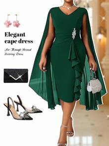 Fleurora Váy dạ hội trang trọng xuyên thấu màu xanh lam có cấu trúc thanh lịch cỡ lớn dành cho nữ mùa thu Quần áo nữ Váy xanh bốn mùa - Màu xanh lá cây đậm - Xem 1