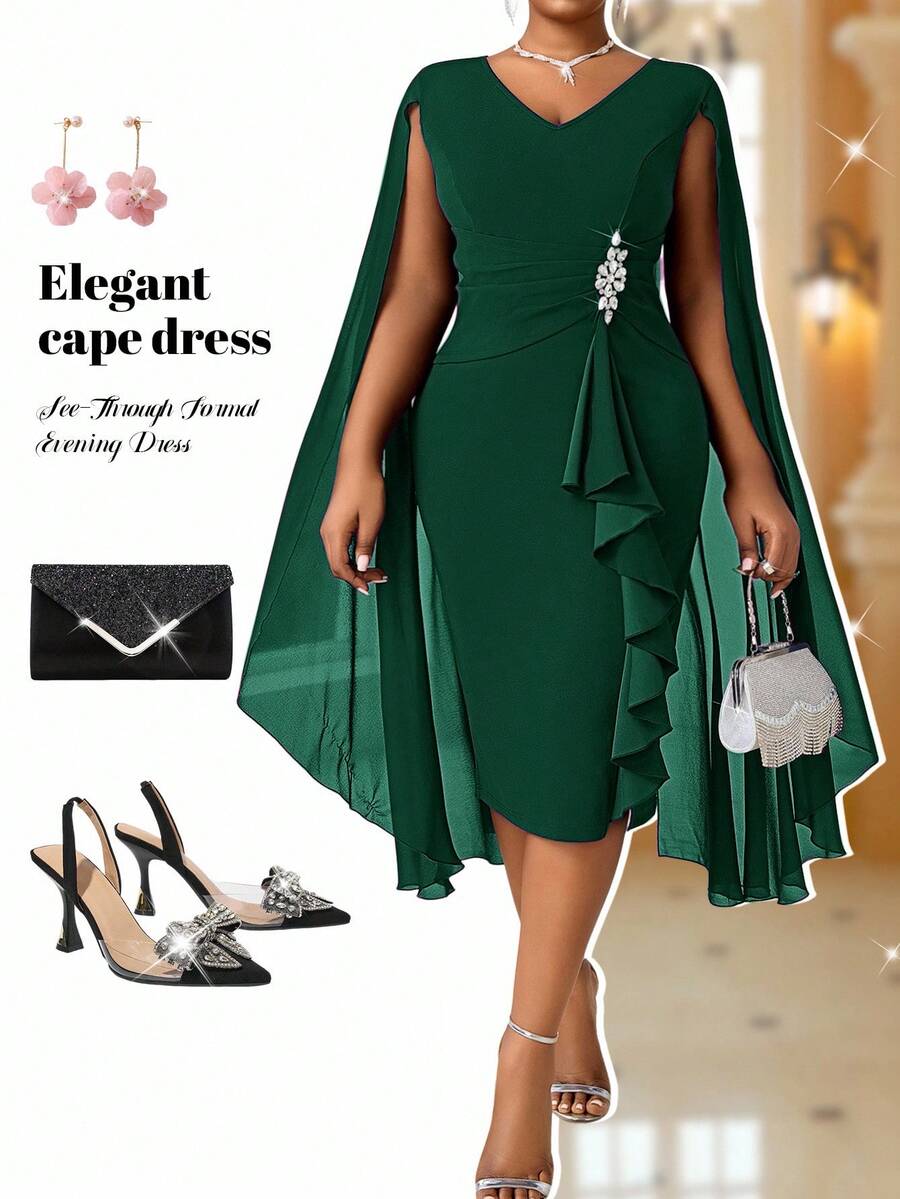 Fleurora Váy dạ hội trang trọng xuyên thấu màu xanh lam có cấu trúc thanh lịch cỡ lớn dành cho nữ mùa thu Quần áo nữ Váy xanh bốn mùa - Màu xanh lá cây đậm - Xem 1