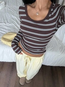 SHEIN EZwear 女式条纹休闲圆领长袖修身T恤 - 棕色 - 查看 3