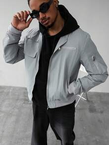 Manfinity Homme Men's Casual Loose Fit Vintage American Style Stand Collar Jacket,Light Grey Bomber Jackets,Autumn Streetwear,City Break Zip Up Cropped Couple Jacket - Grey - View 3