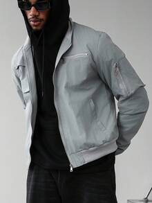 Manfinity Homme Men's Casual Loose Fit Vintage American Style Stand Collar Jacket,Light Grey Bomber Jackets,Autumn Streetwear,City Break Zip Up Cropped Couple Jacket - Grey - View 4
