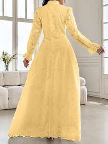 Modelyn 孔眼刺绣荷叶边袖长连衣裙 - 黃色 - 查看 2