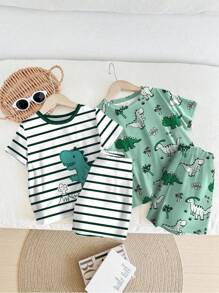 SHEIN 2件套男婴宽松休闲睡衣套装，适合夏季穿着，恐龙图案，夏季男婴睡衣，恐龙服装，男婴睡衣 - 彩色 - 查看 2