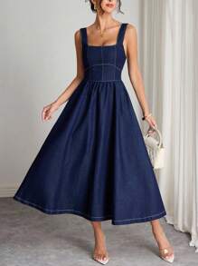 Elenzga 女式方领无袖束腰褶皱水洗牛仔连衣裙 - 深色水洗藍 - 查看 5