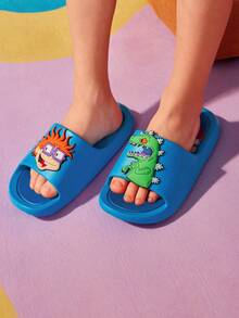 Nick 90s | SHEIN 可爱卡通恐龙和卡通人物图案儿童一脚蹬拖鞋，适合幼儿和儿童，防滑速干淋浴滑梯，轻便耐用的 EVA 材质，适合室内、浴室、游乐场、游泳池、海滩室内室外 - 藍色 - 查看 8