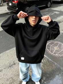 SHEIN 青少年男童返校必备基础款卫衣，简约宽松套头衫，休闲学院风，舒适时尚，百搭实用，柔软面料，适合日常穿着、上学、外出、户外运动、秋冬季穿着。黑色卫衣，纯色卫衣，黑色宽松卫衣，超大款卫衣，青少年秋季卫衣 - 黑色 - 查看 3