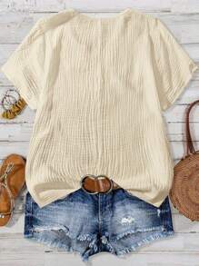 Linhara Plus Size Plain Simple Short Sleeve Shirt - Apricot - View 2