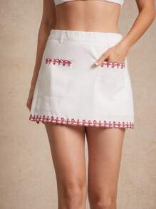 WESTFADE 100% Cotton Twill High Rise Floral Embroidered Mini Skirt Country Concert Back To School Cute Fall Summer Country Concert - White - View 5