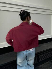 Muchica 女士秋冬休闲百搭酒红色落肩长袖口袋夹克 - 酒紅色 - 查看 2