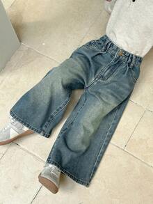 DAZY 年轻女孩街头休闲韩版水洗宽松阔腿长款牛仔裤 - 藍色 - 查看 6