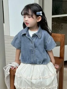 DAZY Young Girl Casual Washed Denim Short Sleeve Jacket - Blue - View 8