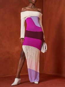 Zivah Vestido largo de una sola manga con cuello vuelto, degradado parcial de color púrpura, blanco y vino tinto, para mujer. Vestido de punto para vacaciones de primavera y verano, fiestas de crucero, citas diarias y de celebridades de internet.