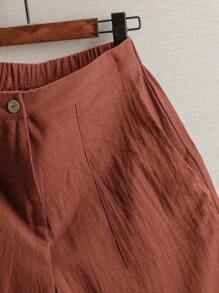 SHEIN JORESS Pantaloncini casual larghi in lino di colore unito con tasche per donna - Colore mogano - Visualizzare 3